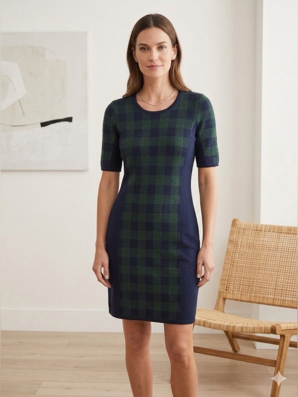 Margaret O’Leary Wool Tartan Plaid Sweater Dress Green Navy Black Size S
